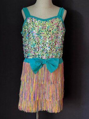 Curtain Call Happy Go Lucky Teal Neon Yellow Sequin Fringe Leotard Jazz Tap CXL